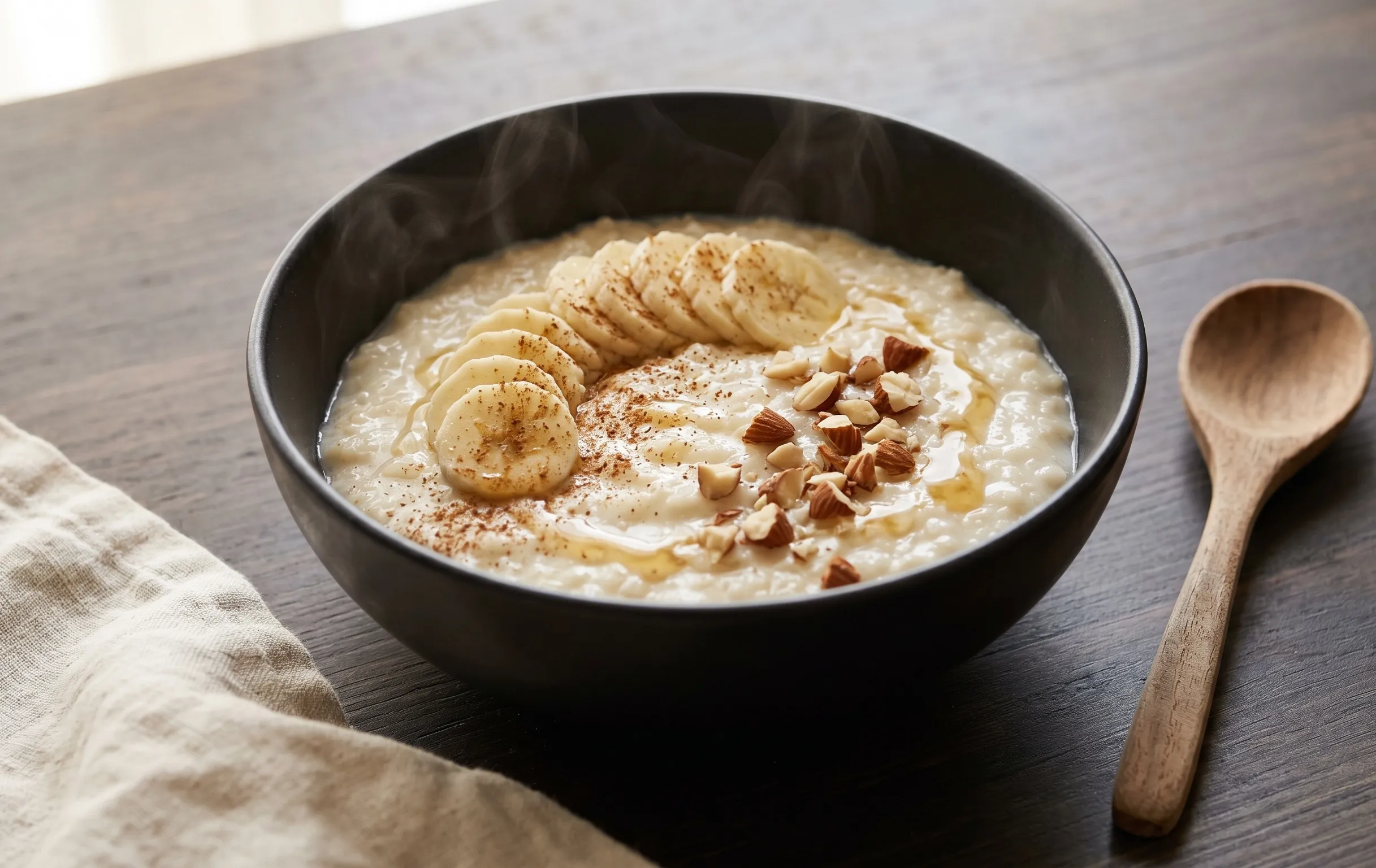 Bol de crème de riz garnie de bananes, amandes concassées, cannelle et filet de miel