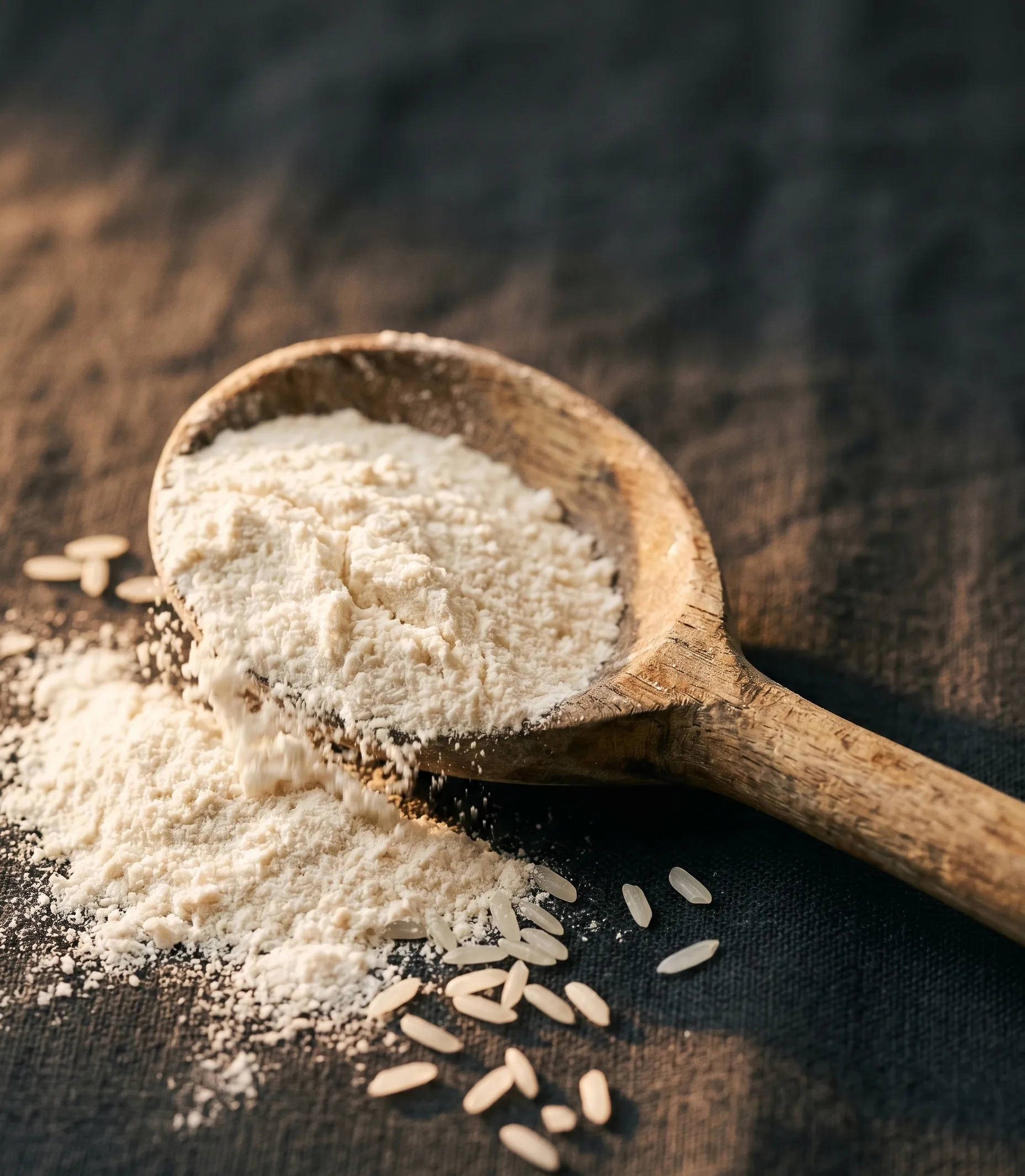 Poudre de crème de riz dans une cuillère en bois, grains de riz cru