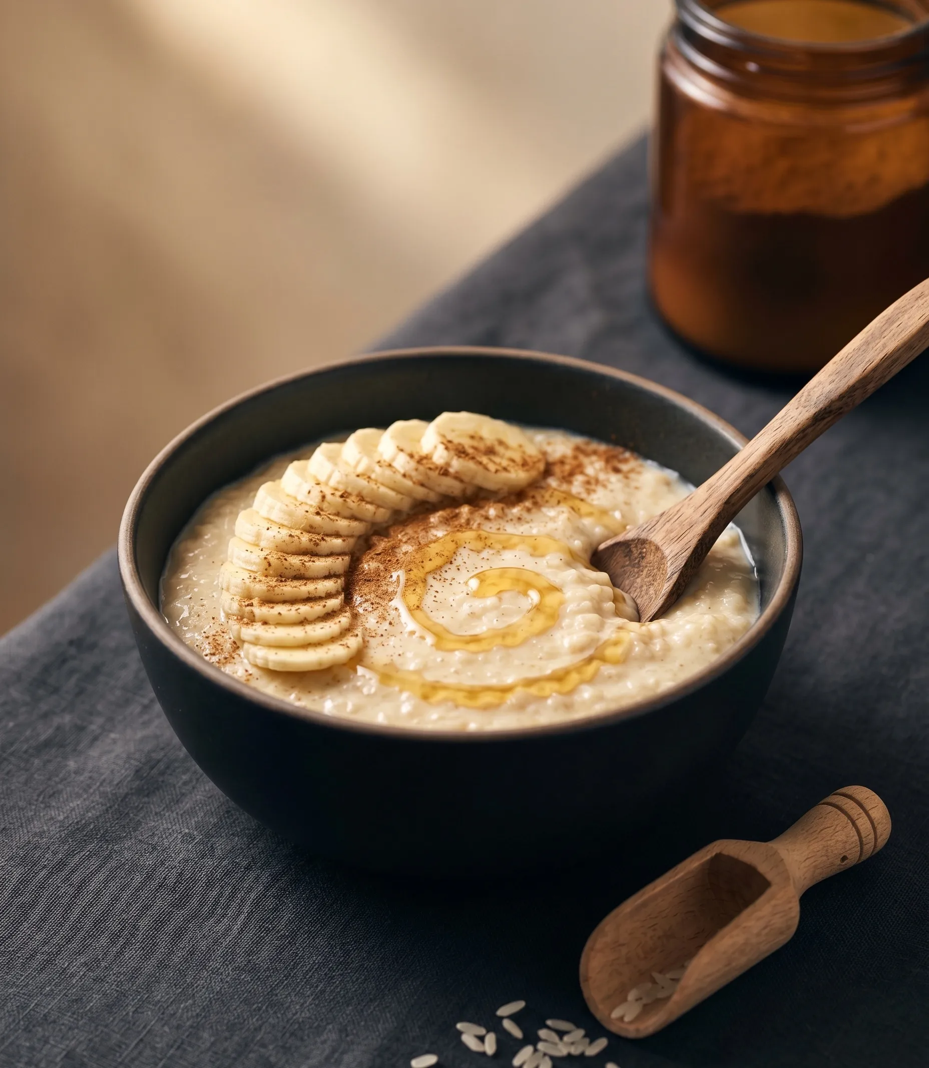 Bol de crème de riz protéinée garnie de bananes en éventail et miel